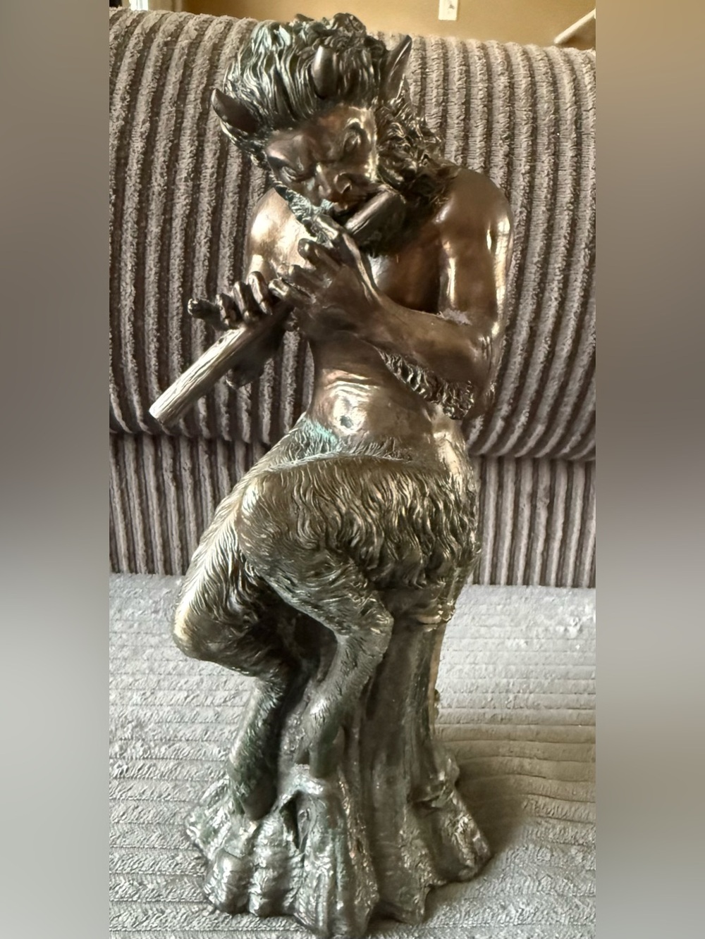 Bronze-Finish Satyr Flute Sculpture - Home Art Décor Heavy Pan